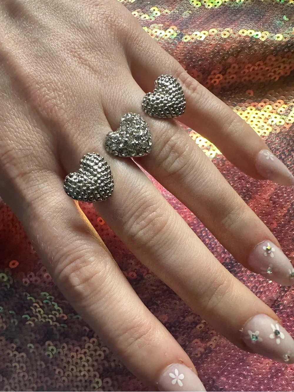 UO • Double Knuckle Silver Tone Floating Rhinestone Heart Ring